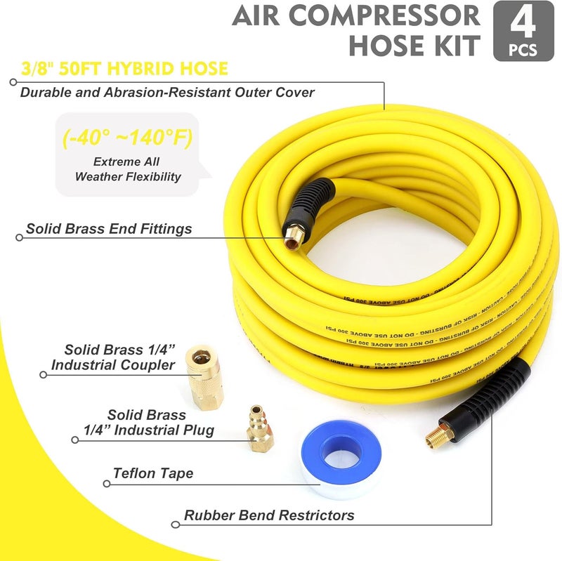 FYPower Air Compressor Hose 3/8 Inch x 50 Feet Hybrid Hose with Fittings, Flexible and Kink Resistant, 1/4" Industrial Quick Coupler and Plug Kit, Yellow - Image 2